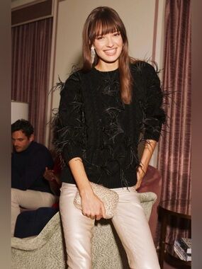 Hyacinth House NEW Talulah Feather Sweater in Black, Size XL